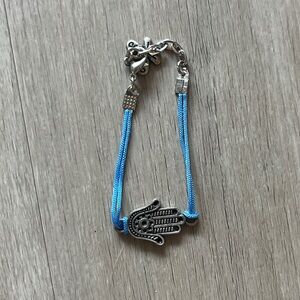 Silver Hamsa Bracelet with Blue Cord